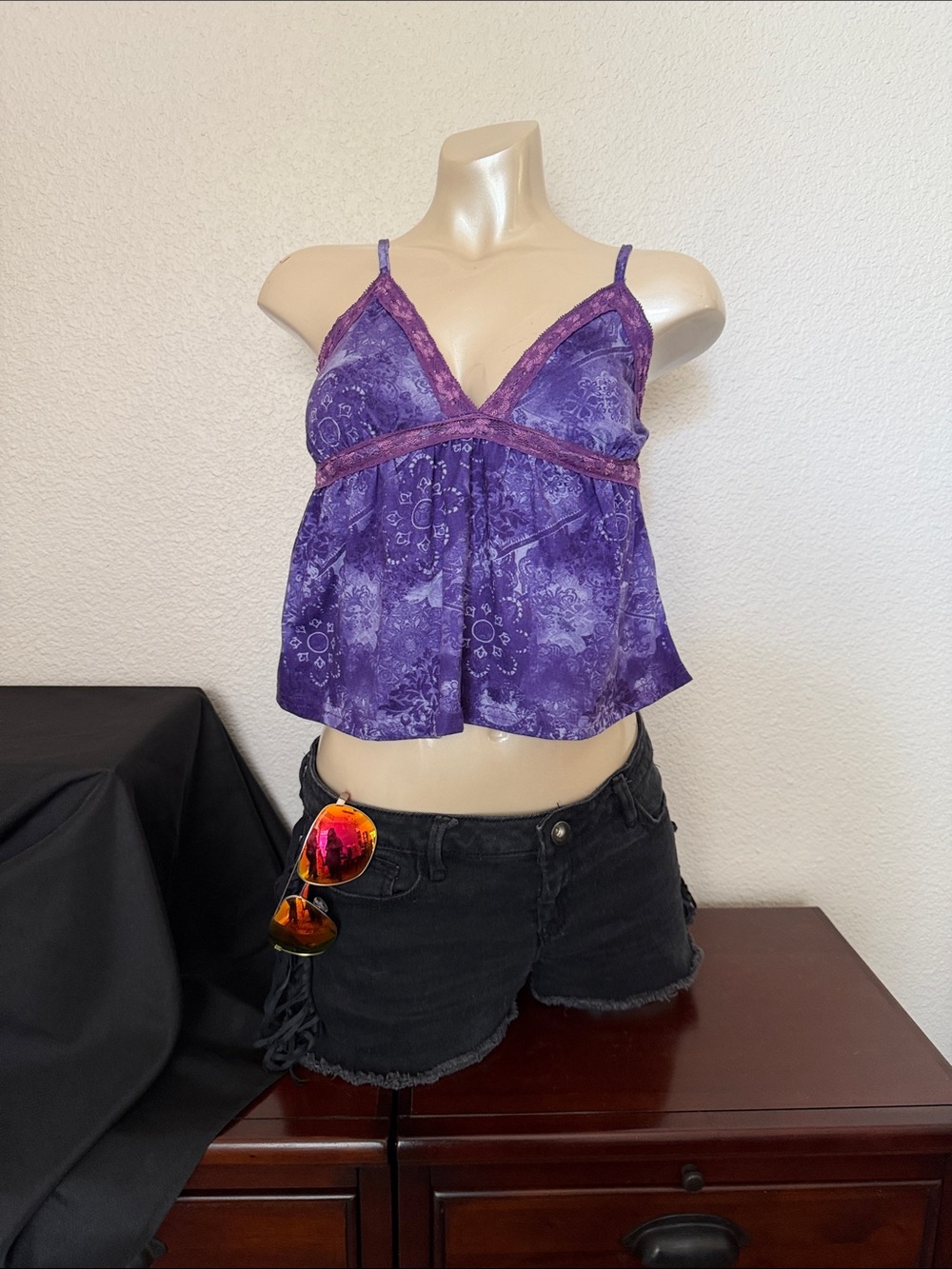 Purple Lace-Trim Crop Camisole Top